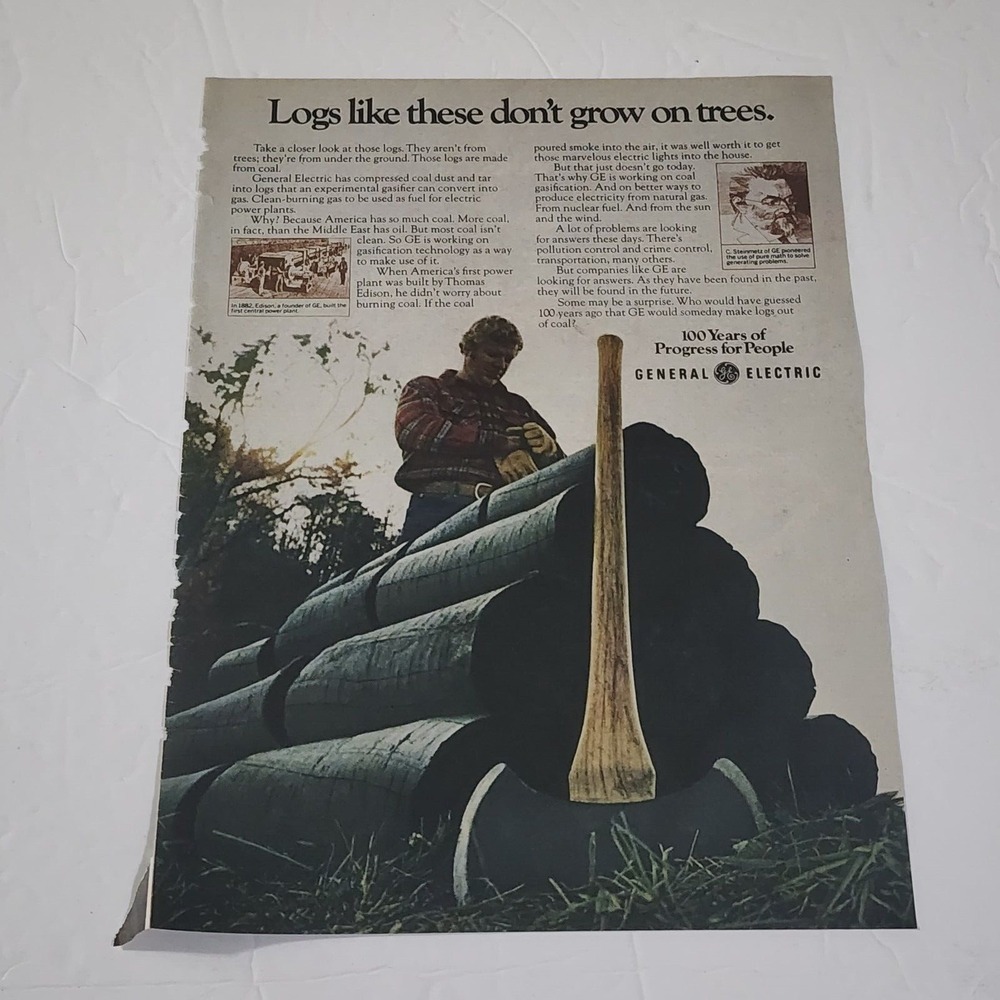 Vintage General Electric Print Ad 1980s GE Coal Logs Lumberjack Ax Wall Art